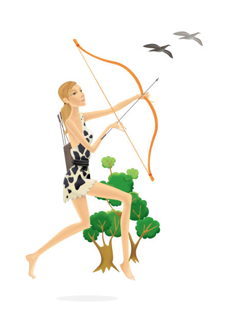 istock Blond primitive hunter in the savannah. A girl in fur clothes with a bow in her hands hunts birds. Illustration isolated on white background 1300482608