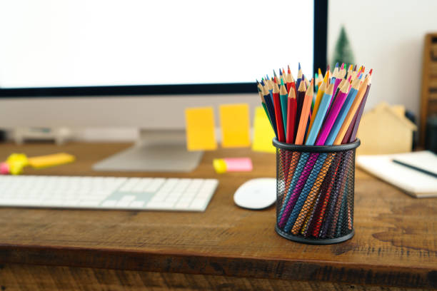istock Work from home,Colored pencils placed in front of the desk at home 1300483176