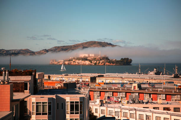 cime colorate dell'edificio di san francisco con alcatraz island sunny day - san francisco county san francisco bay area house painted ladies foto e immagini stock