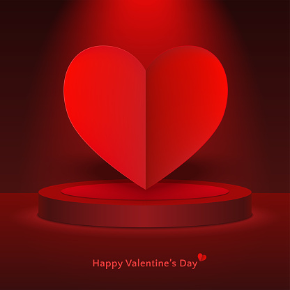 St. Valentine's day greeting card with red hearts. Premium vector design illustration. Love heart sign. Sale banner, label, tag with podium, stage, product scene, platform.Happy Valentine's day text.