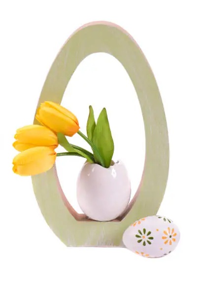 easter decoration with egg and tulip flowers