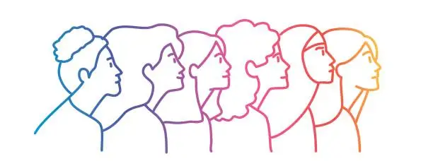 Vector illustration of Group of women different nationalities standing together.