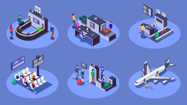 ilustrações de stock, clip art, desenhos animados e ícones de airport isometric color vector illustrations set. travelers using airline company services 3d concept isolated on blue background. check in counter, luggage scanner and security checkpoint - airport airport check in counter arrival departure board checkout counter