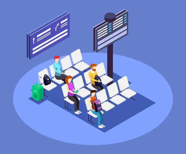Vector illustration of Airport departure area isometric color vector illustration. Airline terminal, waiting hall 3d concept isolated on blue background. Travelers going on vacation, passengers seating with luggage