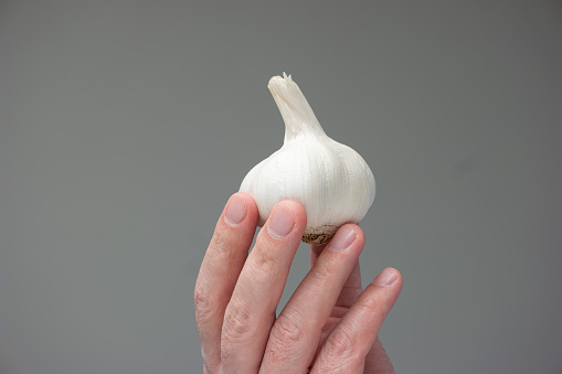 georgian garlic for local name is niori on wood cutting board for background\