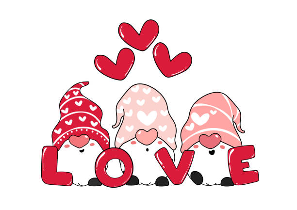 illustrazioni stock, clip art, cartoni animati e icone di tendenza di carino tre rosa gnomo amore con il cuore, san valentino, illustrazione vettoriale cartone animato per biglietto d'auguri, t camicia, abbigliamento stampabile - nana