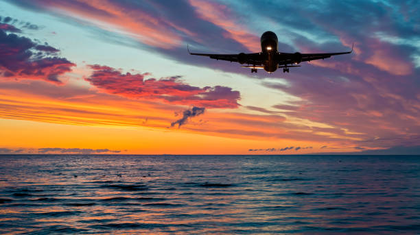istock Silhouette of landing airplane at dawn 1300490247