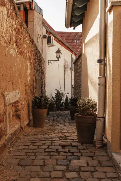 Narrow empty cobbled street in an old German town with houses on either side