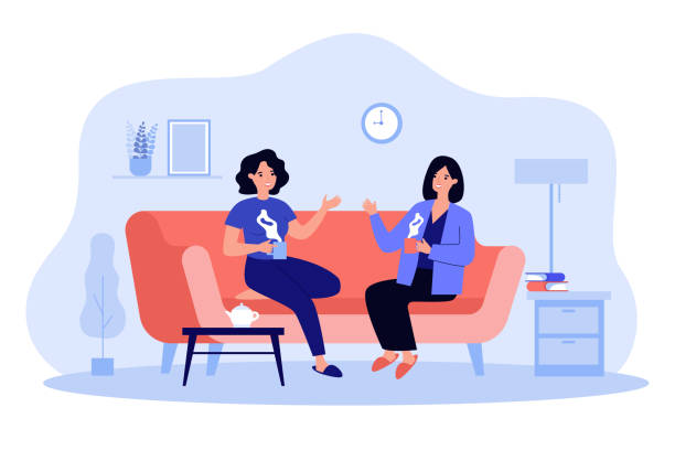 Two female friends drinking tea at home Two female friends drinking tea at home flat vector illustration. Cartoon smiling characters sitting on sofa in living room with coffee and talking. Conversation and friendship concept friends laughing stock illustrations