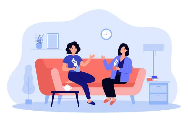 Vector illustration of Two female friends drinking tea at home