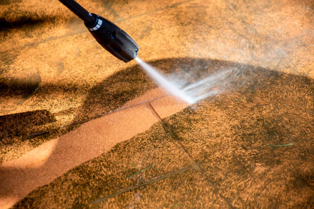 Cleaning backyard paving tiles with pressure washer. Defocused image. Cleaning backyard paving tiles pathway with high pressure washer. Spring clean up house washing stock pictures, royalty-free photos & images