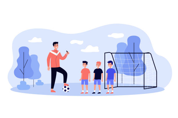 Professional soccer coach training little boys Professional soccer coach training little boys flat vector illustration. Cartoon man stepping on ball and teaching kid players on field. Sport game and football school concept coach illustrations stock illustrations