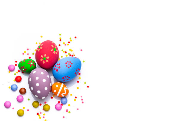 Closeup of colorful Easter eggs decorated with wax ornaments in spring
