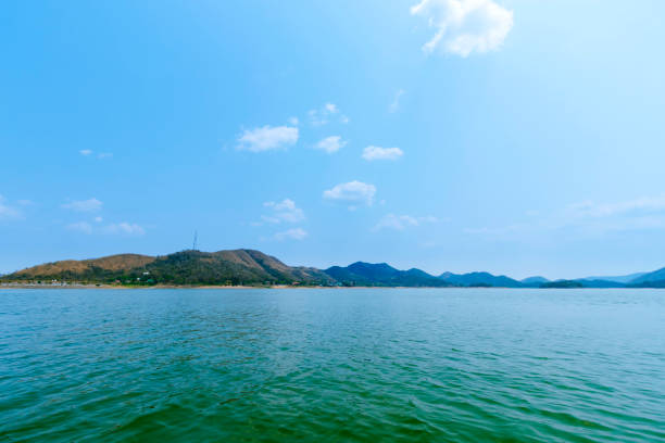 istock The lake scenery with mountains behind under the blue sky 1300500306