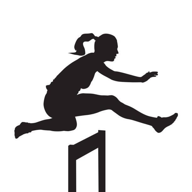 illustrazioni stock, clip art, cartoni animati e icone di tendenza di donna che salta e corre su ostacoli, corsa ad ostacoli, silhouette vettoriale - track and field athlete women vitality speed