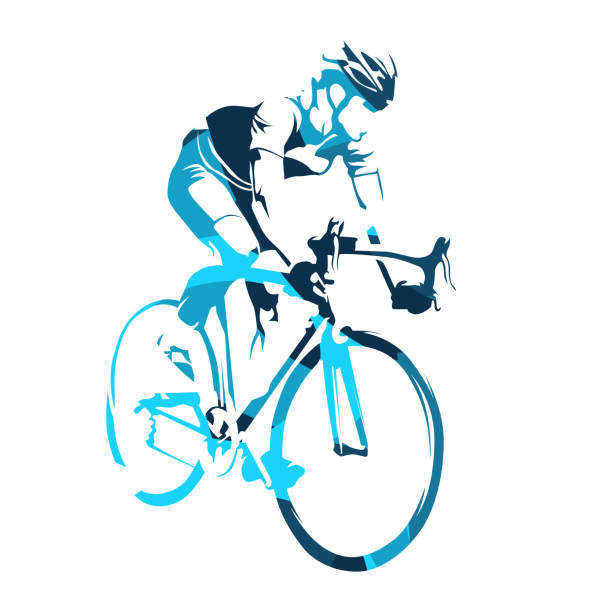 illustrations, cliparts, dessins animés et icônes de cycliste de route sur son vélo, tour à vélo. silhouette bleue abstraite de vecteur - triathlon cycling bicycle competition