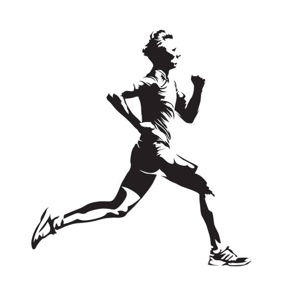 ilustraciones, imágenes clip art, dibujos animados e iconos de stock de dibujo de vector de hombre, silueta abstracta, vista lateral - atletismo en pista masculino