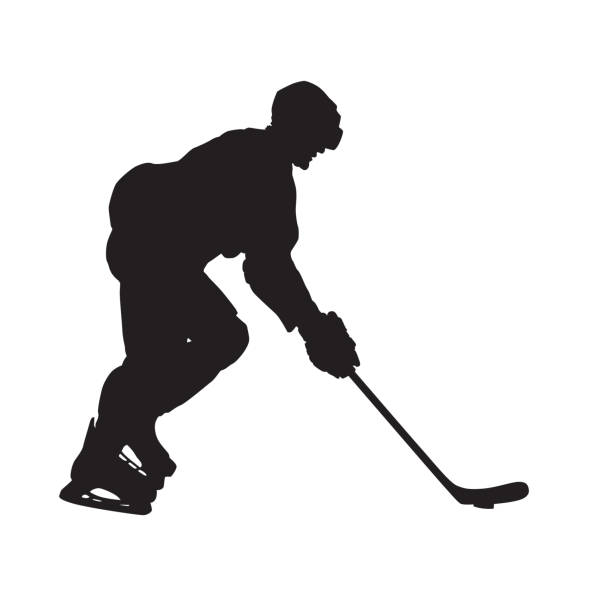 ilustrações, clipart, desenhos animados e ícones de jogador de hóquei no gelo patinando com disco, vista lateral, silhueta vetorial - ice hockey hockey puck speed ice