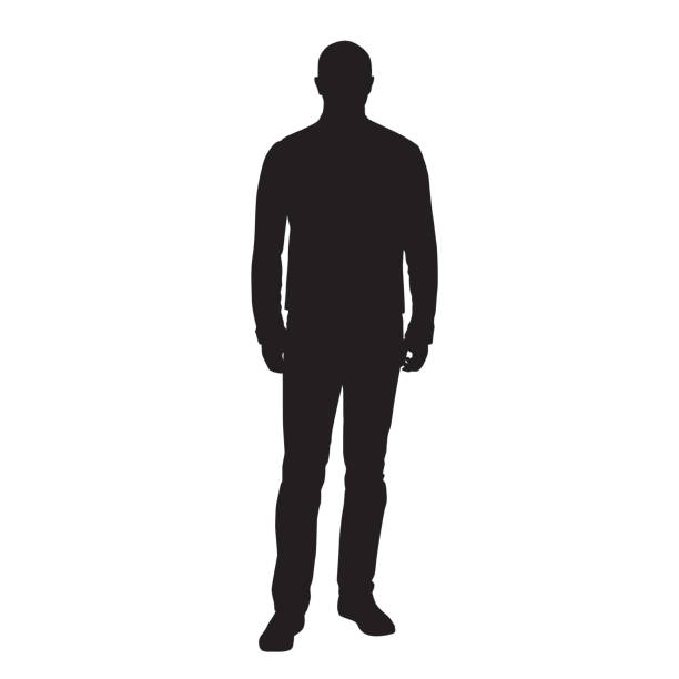 mann stehend und wartend, frontansicht, vektor-silhouette - stehen stock-grafiken, -clipart, -cartoons und -symbole