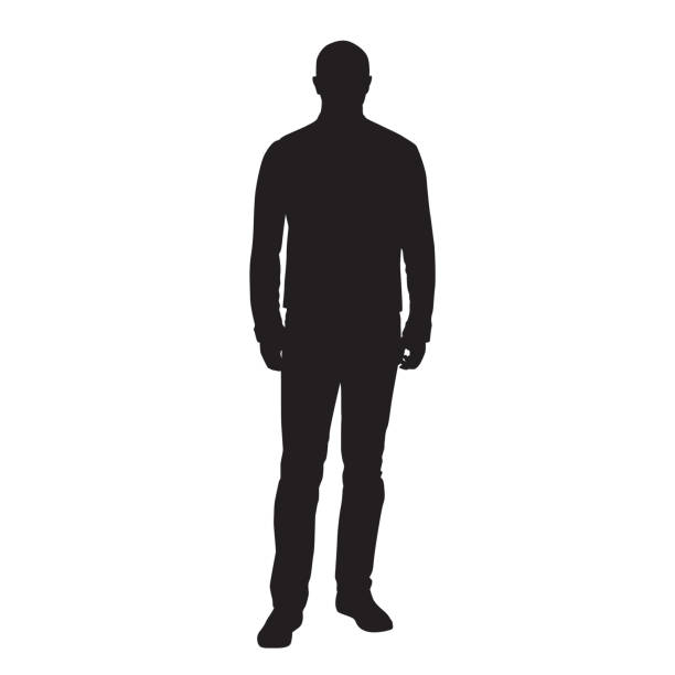 mann stehend und wartend, frontansicht, vektor-silhouette - silhouette men people standing stock-grafiken, -clipart, -cartoons und -symbole