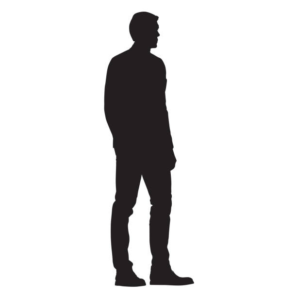 mann stehend, seitenansicht, isolierte vektor-silhouette - nur männer stock-grafiken, -clipart, -cartoons und -symbole