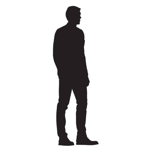 mann stehend, seitenansicht, isolierte vektor-silhouette - people only stock-grafiken, -clipart, -cartoons und -symbole