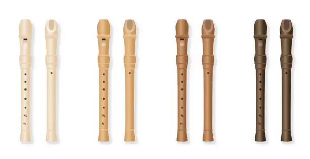 Vector illustration of Soprano recorders, different wooden textures and colors, realistic three-dimensional music intruments, front view and back view, various kinds of wood. Isolated vector illustration on white background.
