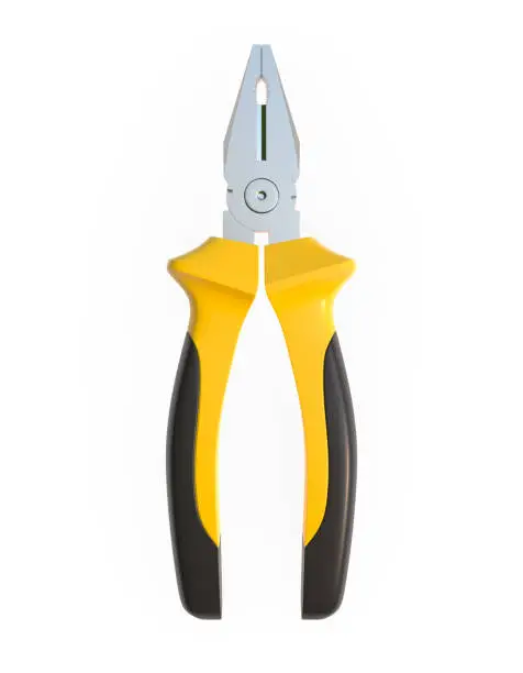 Yellow-black pliers isolated on white background. Repair and installation tool. 3d render illustration
