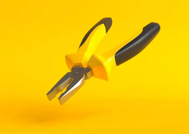 Yellow-black pliers isolated on yellow background. Repair and installation tool. 3d render illustration