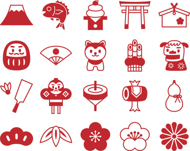 ilustrações de stock, clip art, desenhos animados e ícones de japanese new year's card icons set - japanese flag flag japan japanese culture