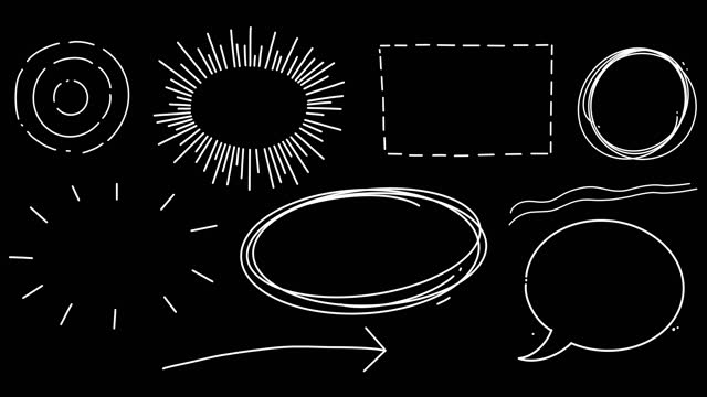 Set of white hand drawn accents and highlight elements. Animated doodle circles, frames, arrows, speech bubbles, ellipses, underlines. Thin line to highlight text. Alpha channel.