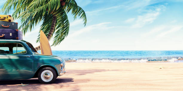 Green car with luggage ready for summer holidays 3D Rendering