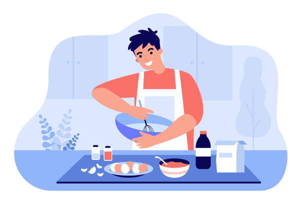 Happy man in apron mixing ingredients in bowl Happy man in apron mixing ingredients in bowl flat vector illustration. Cartoon guy preparing dough or cooking dessert at kitchen table. Homemade pastry and baking concept cooking stock illustrations