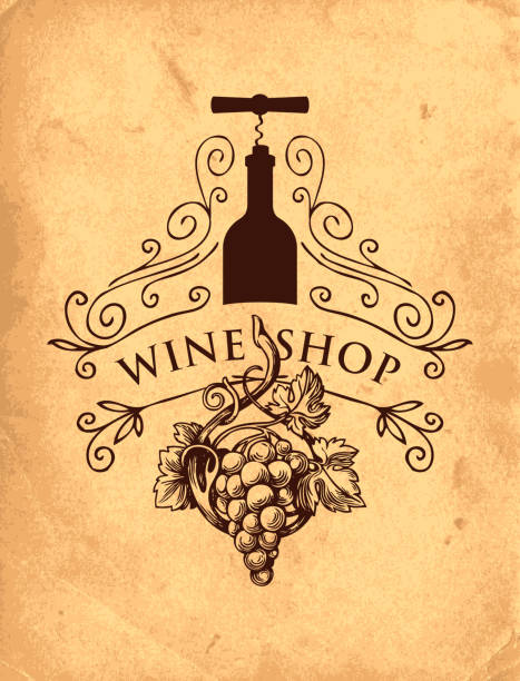 Vector banner or label for wine shop with curlicues, grape, bottle and corkscrew in retro style on an old paper background. Hand-drawn illustration with vintage drawing and inscription