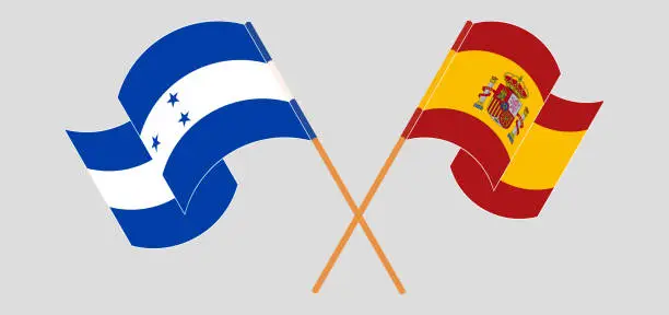 Vector illustration of Crossed and waving flags of Honduras and Spain