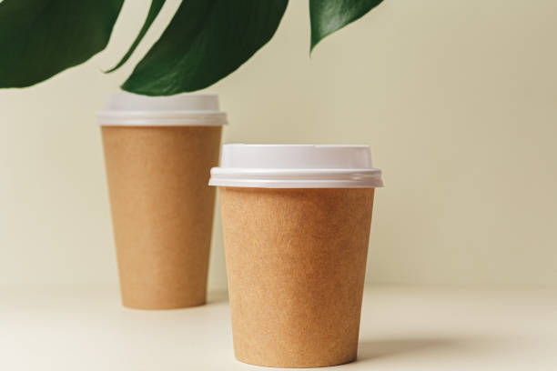 istock Disposable paper coffee cup and green leaf 1300519425
