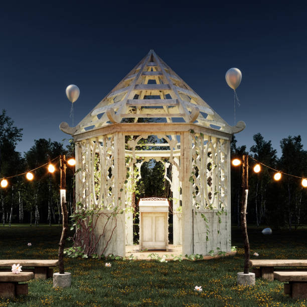 istock White wedding altar with balloons and decoration at beautiful romantic night 1300520225