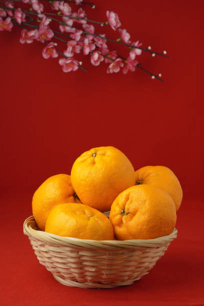 tangerines or mandarin oranges in the rattan basket on the red backdrop with copy space and blurred sakura flower on the top left background. suitable for Chinese New Year conceptual design.