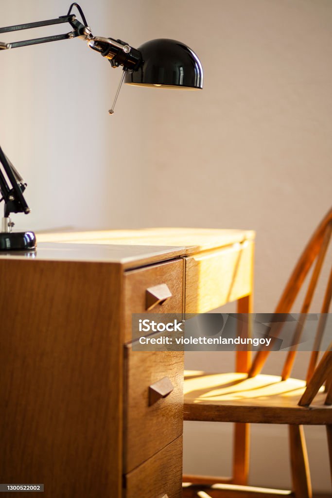 Modern Vintage Office Chair Table & Lamp Desk Lamp Stock Photo
