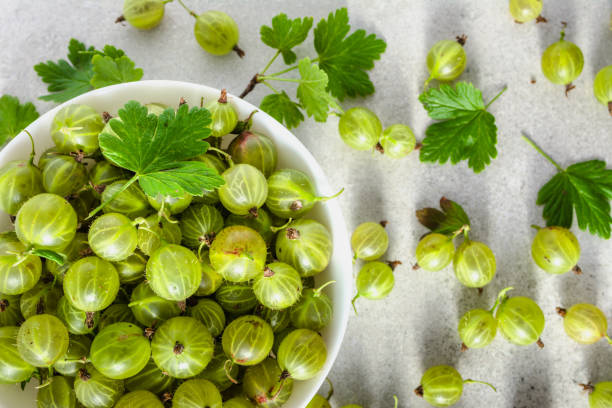 istock Green fresh gooseberry, summer fruit, top view 1300523079