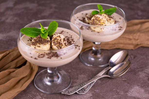 istock Banana mint pudding on a dark gray background. Close-up background. 1300524368