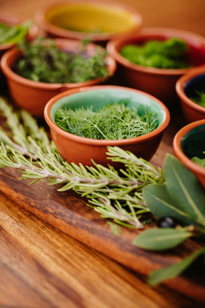 istock Different green herbs in bowls with focus on the dill with copy space 1300528551