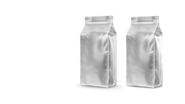 sacchetto di lanuccia metallico vuoto isolato su sfondo bianco. illustrazione di rendering 3d , aggiunto spazio di copia per il testo. - coffee bag foto e immagini stock