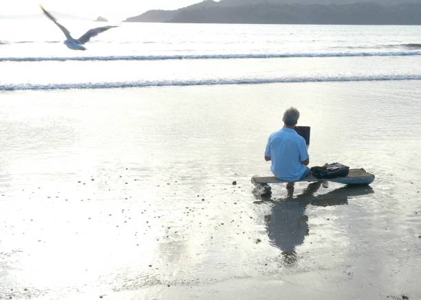 istock Man relaxes on sandy beach, using laptop in the morning 1300532267