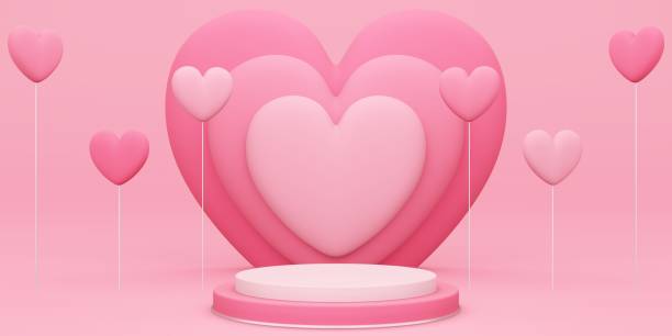 istock Valentine's day, 3D illustration of round podium or pedestal with red empty studio room, product background with heart overlap behind and heart shaped balloon floating, mockup for love concept display 1300532351