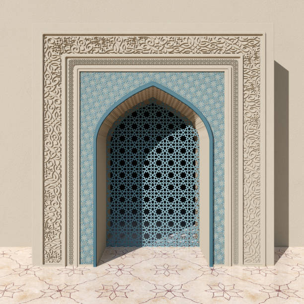 beige moschee bogen mit blauen blumen und geometrischemuster, stein schnitzen und offenefenster. blumenmuster auf dem marmorfliesenboden - ancient arabic style arch architecture stock-fotos und bilder