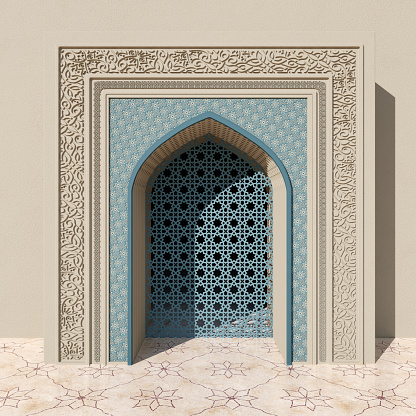 Arco de mezquita beige con patrón floral y geométrico azul, tallado en piedra y ventana abierta. Patrón floral en el suelo de baldosas de mármol photo