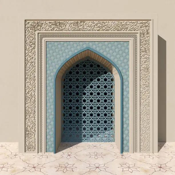 Photo of Beige Mosque Arch With Blue Floral And Geometrical Pattern, Stone Carving And Openwork Window. Floral Pattern On The Marble Tiles Floor