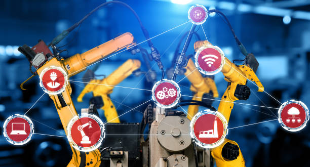istock Smart industry robot arms for digital factory production technology 1300535640
