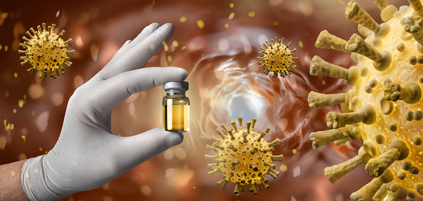 Doctor applying injection of vaccine for Corona Virus Covid-19
Microscopic real 3D model of the corona virus COVID-19. The image is a scientific interpretation of the virus with all relevant details : Spike Glycoproteins, Hemagglutinin-esterase, E- and M-Proteins and Envelope.